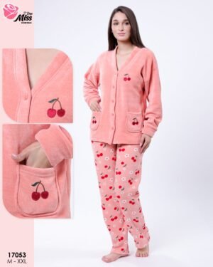Rose Miss Pyjama polaire boutonné cerises – Réf 17053 – Corail