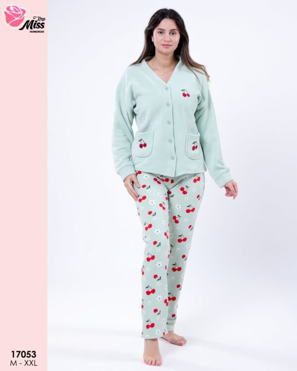 Rose Miss Pyjama polaire boutonné cerises – Réf 17053 – Vert d'eau