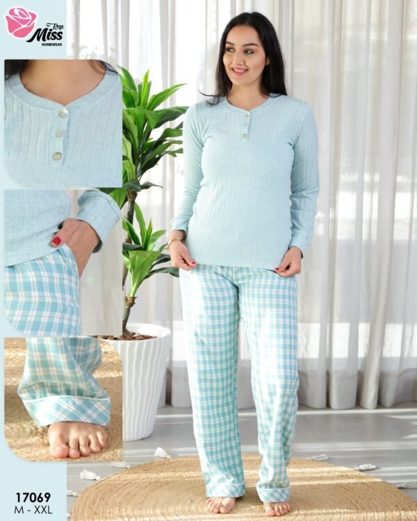 Rose Miss Pyjama pantalon à carreaux – Réf 17069 – Vert d'eau