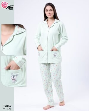Rose Miss Pyjama boutonné imprimé lapin – Réf 17086 – Vert d'eau