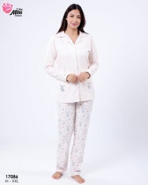 Rose Miss Pyjama boutonné imprimé lapin – Réf 17086 – Pêche