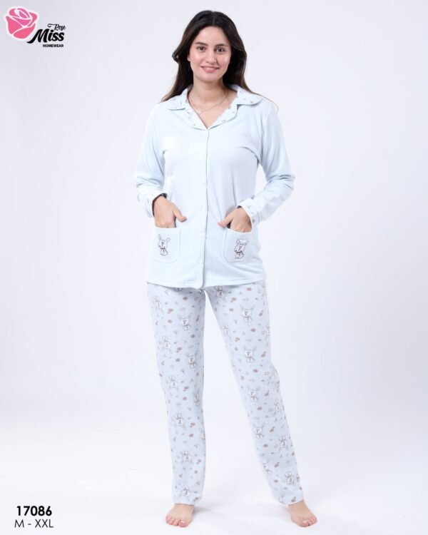 Rose Miss Pyjama boutonné imprimé lapin – Réf 17086 – Bleu ciel