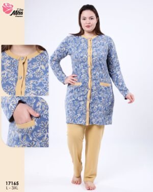 Rose Miss Pyjama tunique boutonnée fleurie – Réf 17165 – Bleu jean