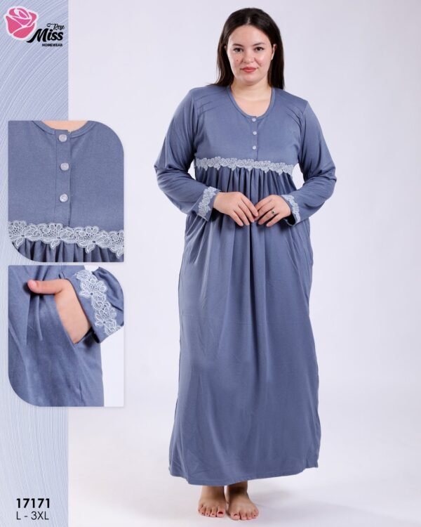 Rose Miss Chemise de nuit longue dentelle – Réf 17171 – Bleu jean
