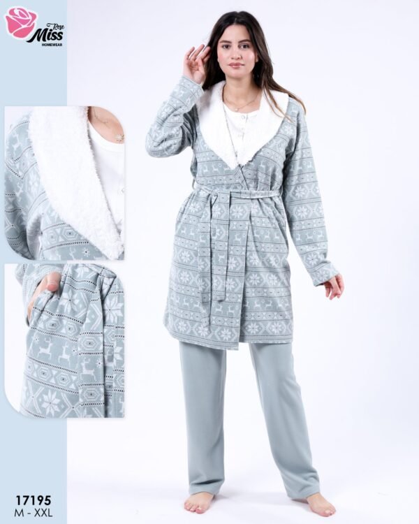 Rose Miss Ensemble pyjama Noël et peignoir 3 pièces – Réf 17195 – Vert d'eau