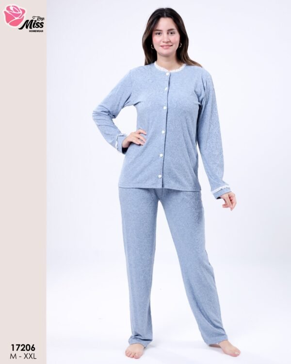 Rose Miss Pyjama boutonné jacquard – Réf 17206 – Bleu jean