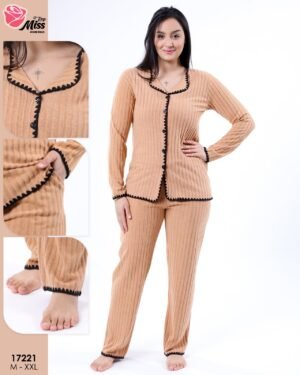 Rose Miss Pyjama boutonné côtelé – Réf 17221 – Camel