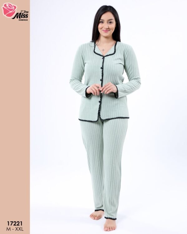 Rose Miss Pyjama boutonné côtelé – Réf 17221 – Vert d'eau