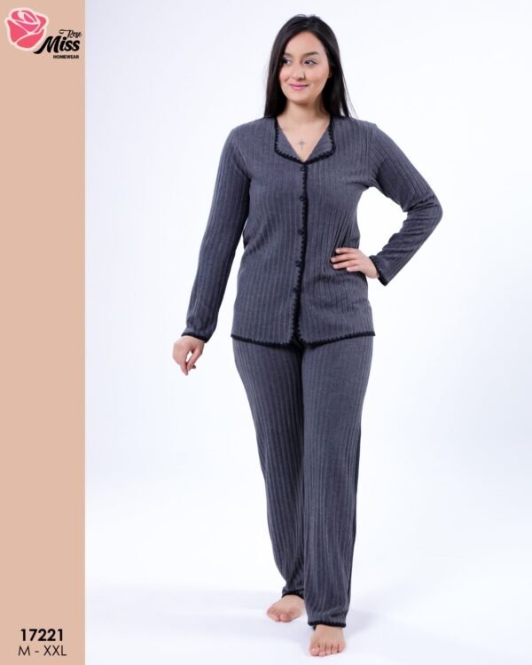 Rose Miss Pyjama boutonné côtelé – Réf 17221 – Gris anthracite