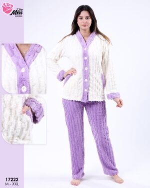 Rose Miss Pyjama polaire boutonné bicolore – Réf 17222 – Écru et lilas