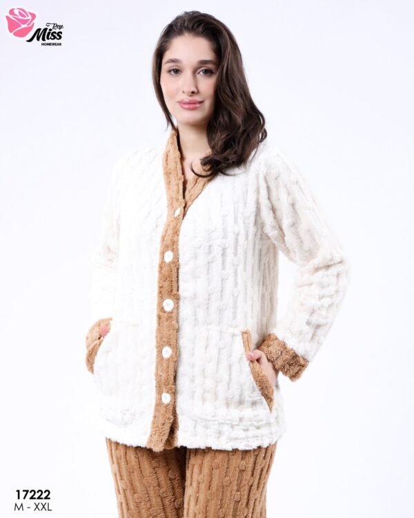 Rose Miss Pyjama polaire boutonné bicolore – Réf 17222 – Écru et camel