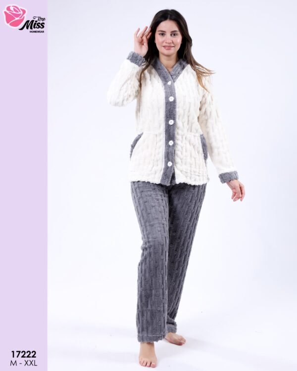 Rose Miss Pyjama polaire boutonné bicolore – Réf 17222 – Écru et gris