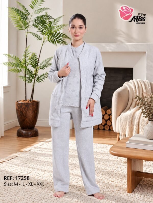 Rose Miss Pyjama 3 pièces polaire avec veste – Réf 17258 – Gris clair