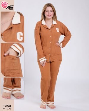 Rose Miss Pyjama boutonné côtelé – Réf 17278 – Camel