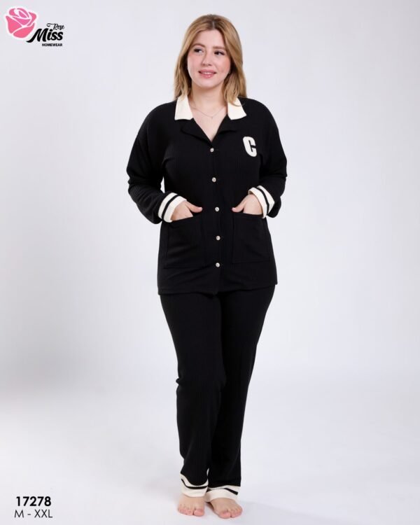 Rose Miss Pyjama boutonné côtelé – Réf 17278 – Noir