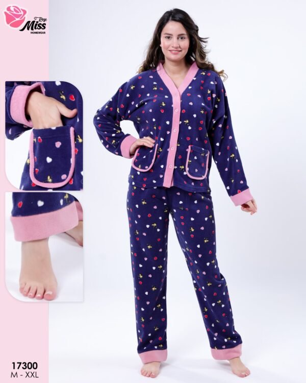 Rose Miss Pyjama polaire boutonné cœurs – Réf 17300 – Bleu marine