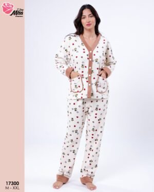 Rose Miss Pyjama polaire boutonné cœurs – Réf 17300 – Écru