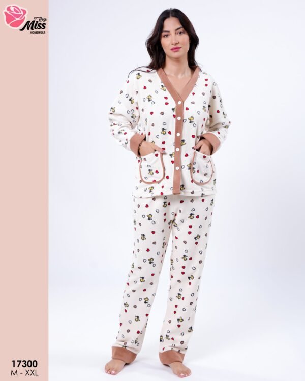 Rose Miss Pyjama polaire boutonné cœurs – Réf 17300 – Écru
