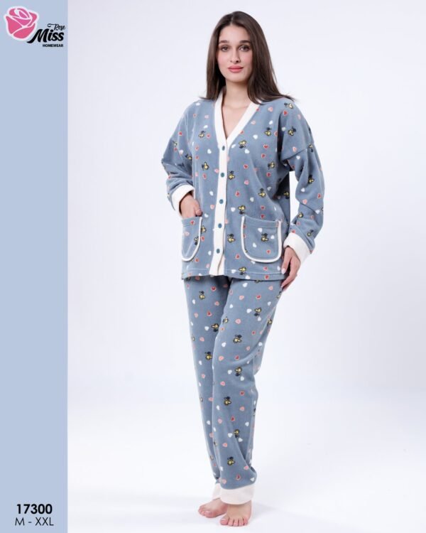 Rose Miss Pyjama polaire boutonné cœurs – Réf 17300 – Bleu gris