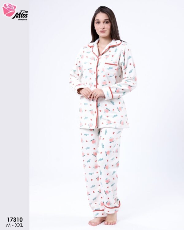 Rose Miss Pyjama polaire chemise imprimé – Réf 17310 – Écru corail Rose Miss Pyjama polaire chemise imprimé – Réf 17310 – Écru corail