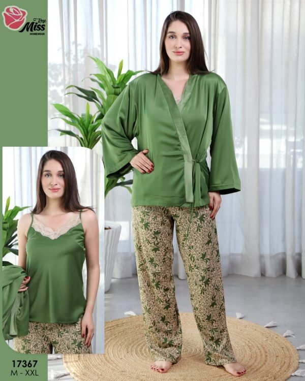 Rose Miss Pyjama satin 3 pièces avec kimono – Réf 17367 – Vert