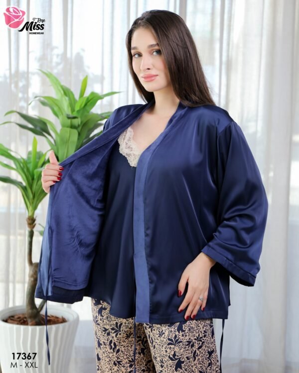 Rose Miss Pyjama satin 3 pièces avec kimono – Réf 17367 – Bleu marine
