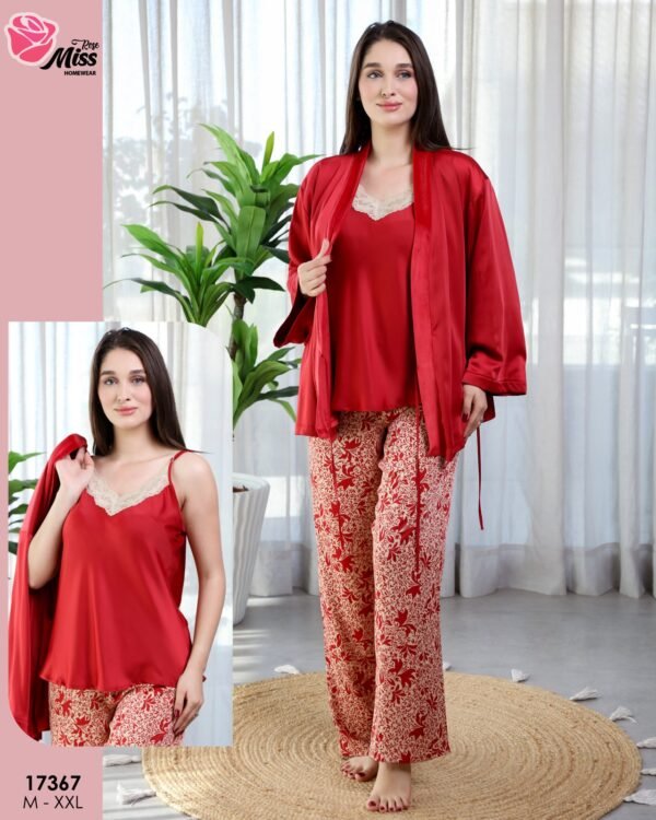 Rose Miss Pyjama satin 3 pièces avec kimono – Réf 17367 – Rouge