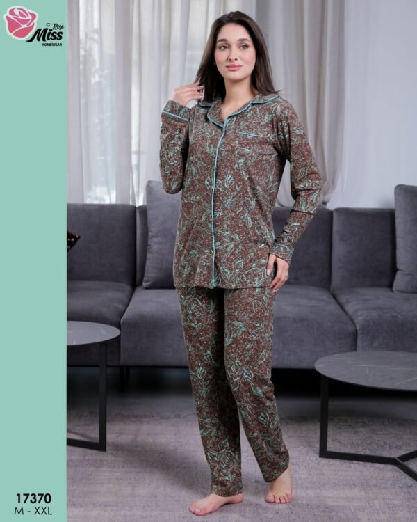 Rose Miss Pyjama chemise imprimé feuilles – Réf 17370 – Marron