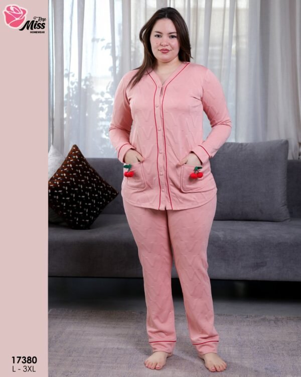 Rose Miss Pyjama boutonné jacquard cerises – Réf 17380 – Vieux rose