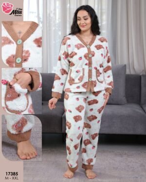 Rose Miss Pyjama polaire imprimé oursons – Réf 17385 – Écru marron