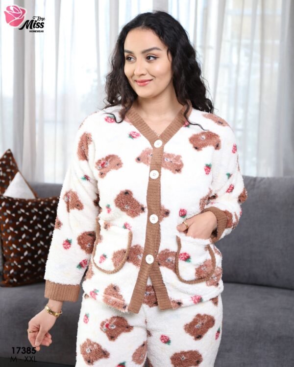 Rose Miss Pyjama polaire imprimé oursons – Réf 17385 – Écru camel