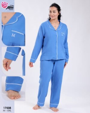Rose Miss Pyjama chemise gaufré – Réf 17508 – Bleu