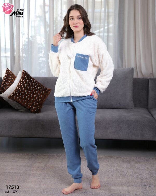 Rose Miss Pyjama polaire zippé bicolore – Réf 17513 – Écru et bleu jean