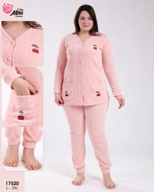 Rose Miss Pyjama velours côtelé boutonné cerises – Réf 17520 – Rose pâle