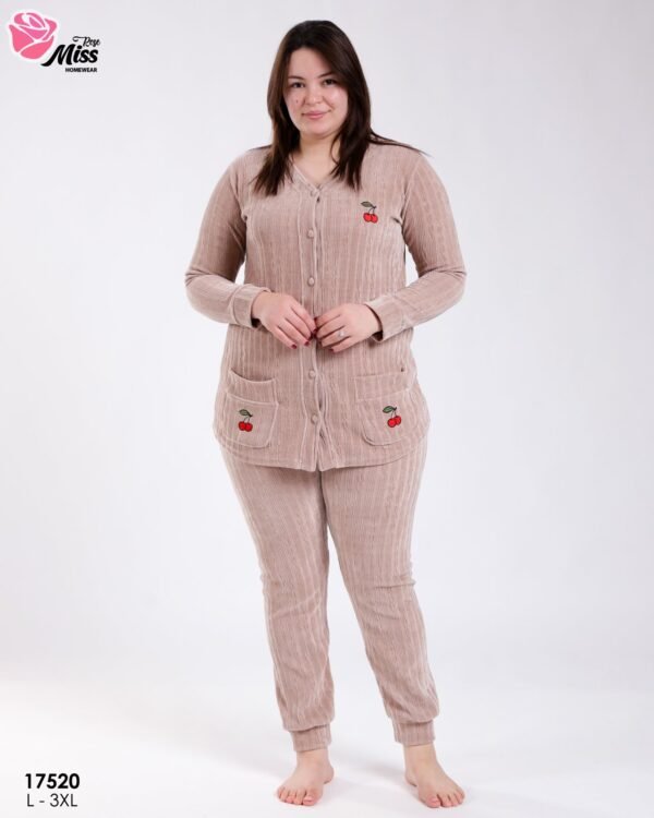Rose Miss Pyjama velours côtelé boutonné cerises – Réf 17520 – Beige