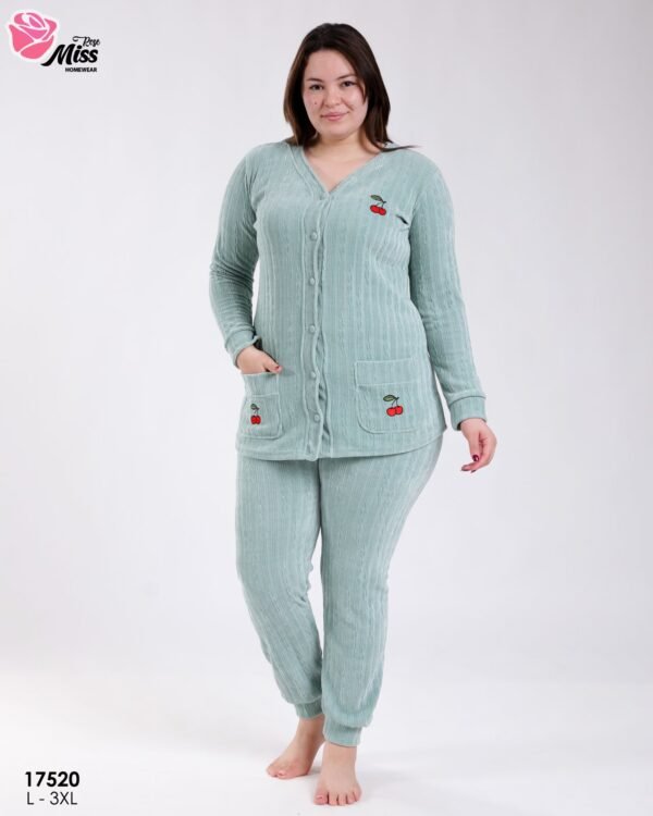 Rose Miss Pyjama velours côtelé boutonné cerises – Réf 17520 – Vert d'eau