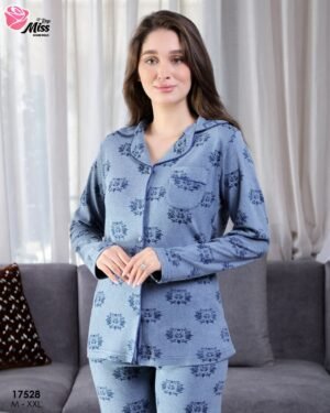 Rose Miss Pyjama chemise imprimé roses – Réf 17528 – Bleu jean