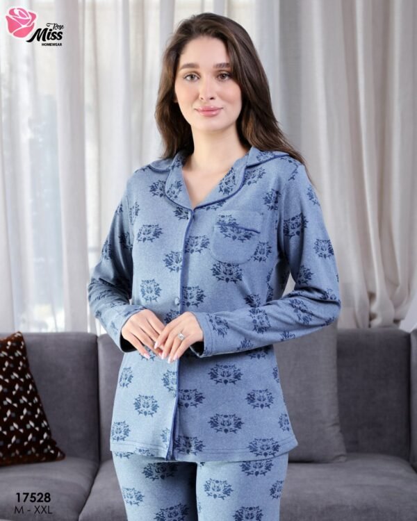 Rose Miss Pyjama chemise imprimé roses – Réf 17528 – Bleu jean