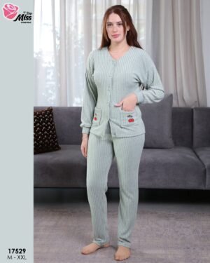 Rose Miss Pyjama côtelé boutonné cerise – Réf 17529 – Vert d'eau