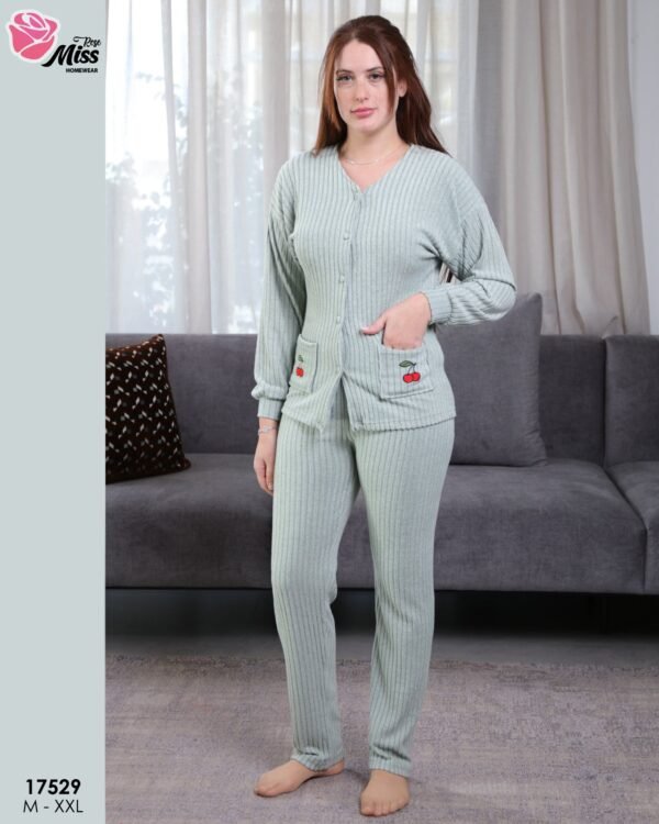 Rose Miss Pyjama côtelé boutonné cerise – Réf 17529 – Vert d'eau
