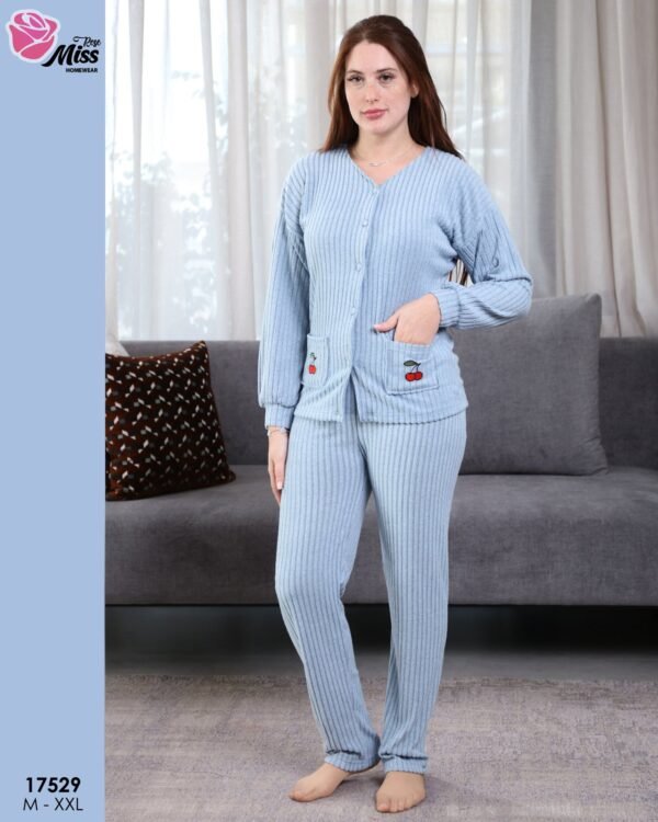 Rose Miss Pyjama côtelé boutonné cerise – Réf 17529 – Bleu ciel