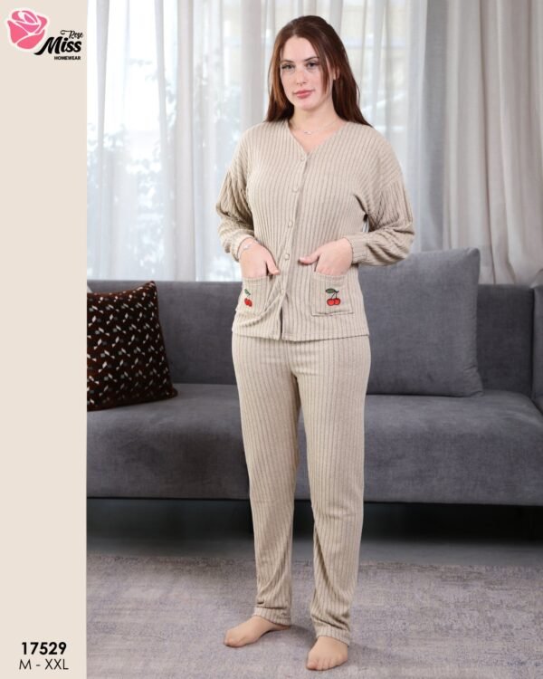 Rose Miss Pyjama côtelé boutonné cerise – Réf 17529 – Beige
