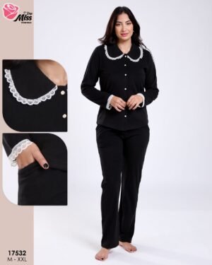 Rose Miss Pyjama boutonné col dentelle – Réf 17532 – Noir