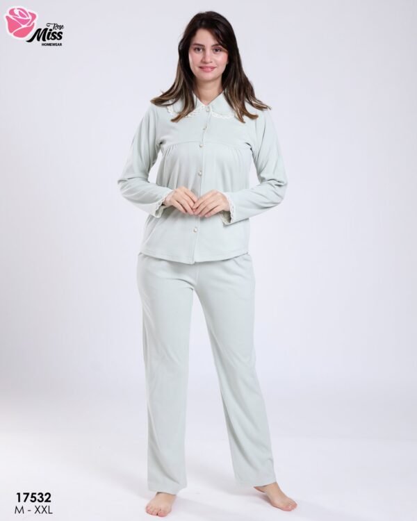 Rose Miss Pyjama boutonné col dentelle – Réf 17532 – Vert d'eau