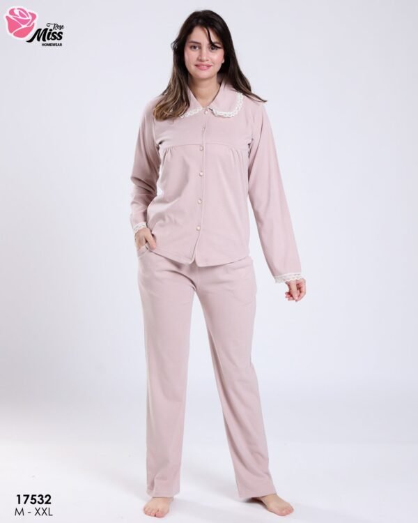 Rose Miss Pyjama boutonné col dentelle – Réf 17532 – Beige rosé