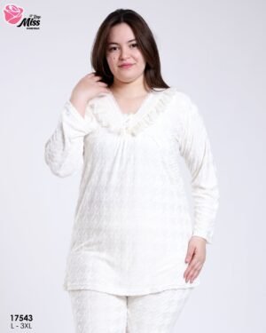 Rose Miss Pyjama tunique pied-de-poule dentelle – Réf 17543 – Écru