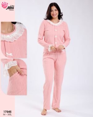 Rose Miss Pyjama côtelé col dentelle – Réf 17545 – Rose