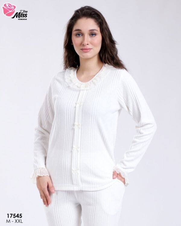Rose Miss Pyjama côtelé col dentelle – Réf 17545 – Écru