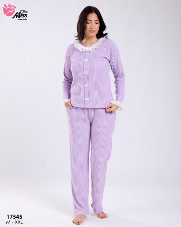 Rose Miss Pyjama côtelé col dentelle – Réf 17545 – Lilas
