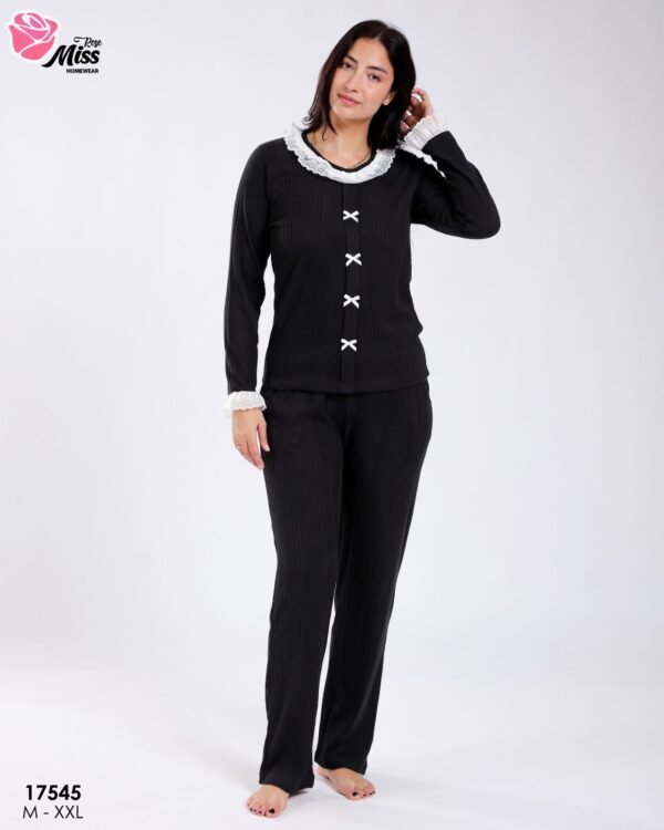 Rose Miss Pyjama côtelé col dentelle – Réf 17545 – Noir